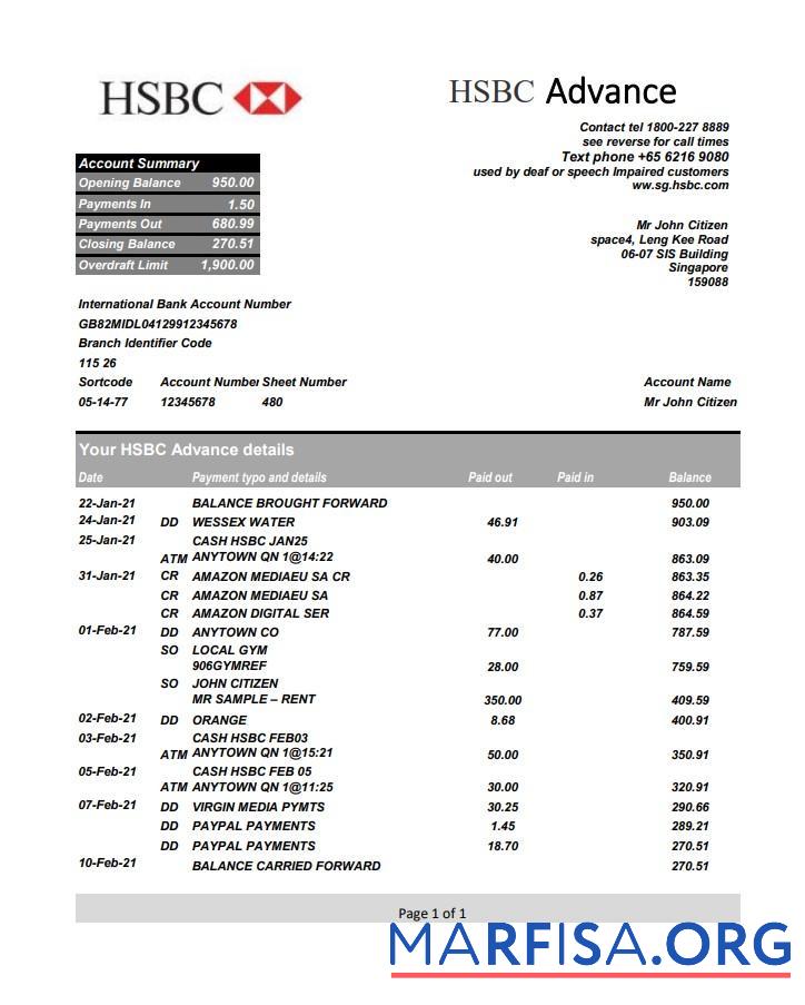 Realistic Singapore HSBC bank statement excel template